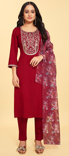 Red and Maroon color Salwar Kameez in Silk fabric with Digital Print, Embroidered work