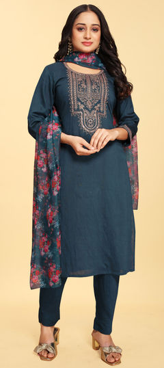 Blue color Salwar Kameez in Silk fabric with Digital Print, Embroidered work