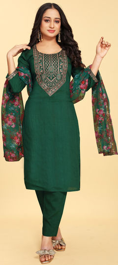 Green color Salwar Kameez in Silk fabric with Digital Print, Embroidered work