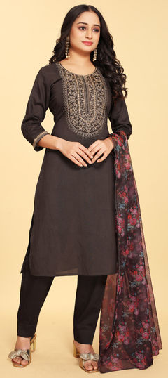 Black and Grey color Salwar Kameez in Silk fabric with Digital Print, Embroidered work