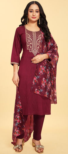 Purple and Violet color Salwar Kameez in Silk fabric with Digital Print, Embroidered work