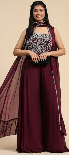 Red and Maroon color Salwar Kameez in Silk fabric with Embroidered, Sequence work