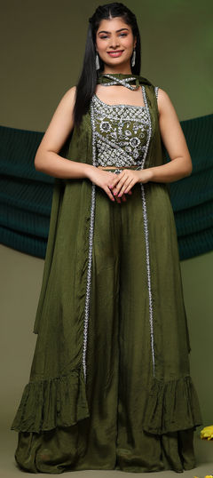 Green color Salwar Kameez in Silk fabric with Embroidered, Sequence work