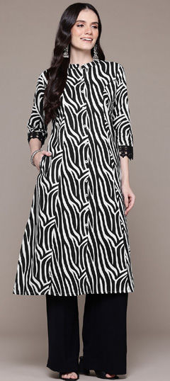 Black and Grey, White and Off White color Kurti in Cotton fabric with Printed work