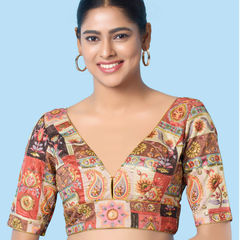 Pink and Majenta color Blouse in Brocade fabric with Printed, Sequence, Thread work