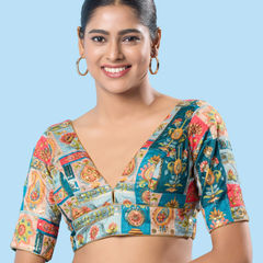 Blue color Blouse in Brocade fabric with Printed, Sequence, Thread work