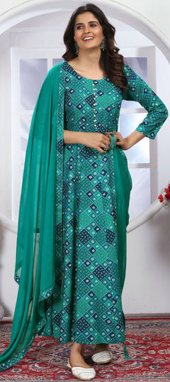 Green color Gown in Rayon fabric with Floral, Printed work