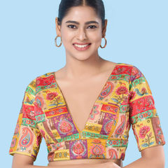 Yellow color Blouse in Brocade fabric with Printed, Sequence, Thread work