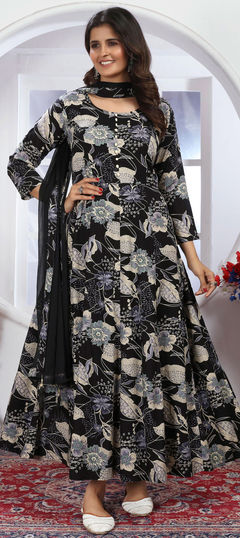 Black and Grey color Gown in Rayon fabric with Floral, Printed work