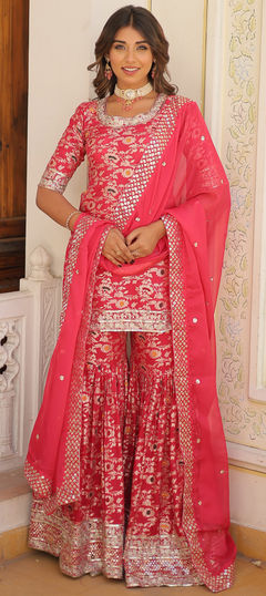 Pink and Majenta color Salwar Kameez in Jacquard fabric with Embroidered, Sequence, Weaving work