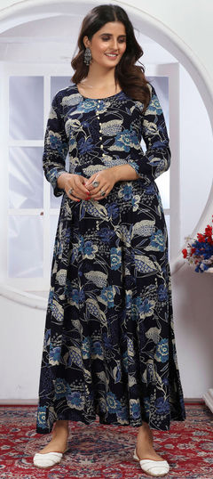 Blue color Gown in Rayon fabric with Floral, Printed work
