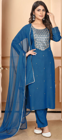 Festive, Party Wear Blue color Salwar Kameez in Rayon fabric with Straight Embroidered, Sequence, Thread work : 1951026