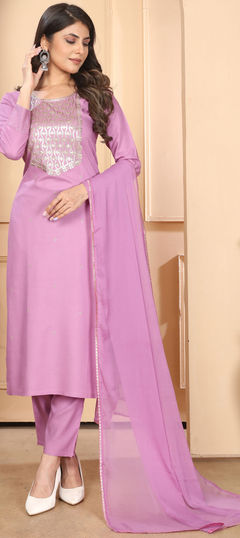 Pink and Majenta color Salwar Kameez in Rayon fabric with Embroidered, Sequence, Thread work