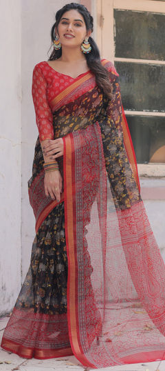 Black and Grey color Saree in Kota Doria Silk fabric with Floral, Printed work