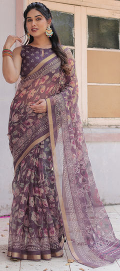 Purple and Violet color Saree in Kota Doria Silk fabric with Floral, Printed work