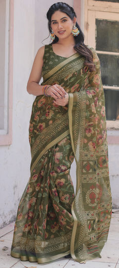 Green color Saree in Kota Doria Silk fabric with Floral, Printed work