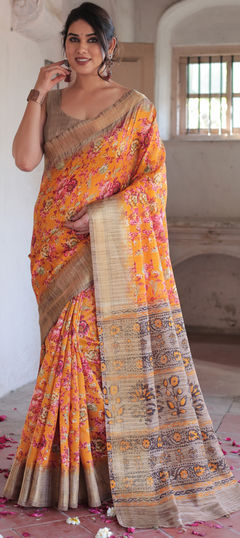 Orange color Saree in Blended Cotton fabric with Floral work