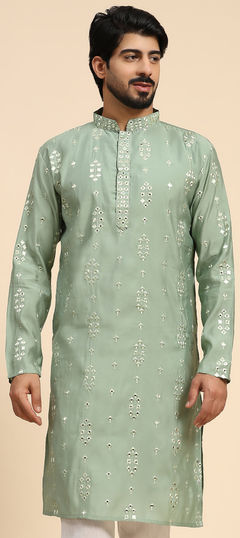 Green color Kurta in Silk fabric with Embroidered, Mirror work