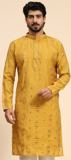 Yellow color Kurta in Silk fabric with Embroidered, Mirror work