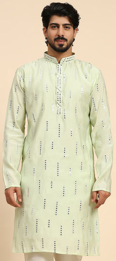 Green color Kurta in Silk fabric with Embroidered, Mirror work