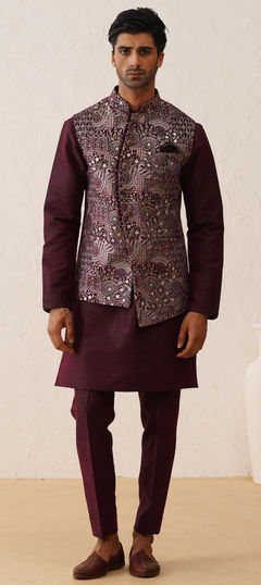 Festive, Party Wear Purple and Violet color Kurta Pyjama with Jacket in Silk fabric with Embroidered, Sequence, Thread work : 1951090