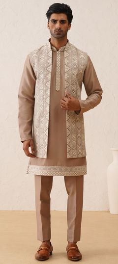 Gold color Kurta Pyjama with Jacket in Silk fabric with Embroidered, Sequence, Thread work