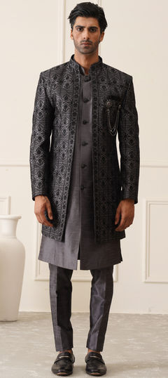 Black and Grey color IndoWestern Dress in Silk fabric with Embroidered, Sequence, Thread work