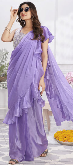 Purple and Violet color Readymade Saree in Satin Silk fabric with Cut Dana, Sequence, Thread work