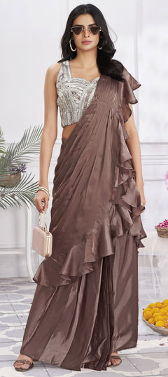 Beige and Brown color Readymade Saree in Satin Silk fabric with Cut Dana, Sequence, Thread work