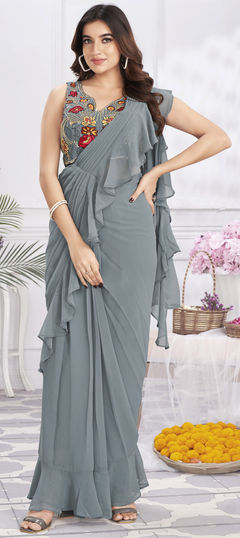 Black and Grey color Readymade Saree in Satin Silk fabric with Cut Dana, Embroidered, Sequence work