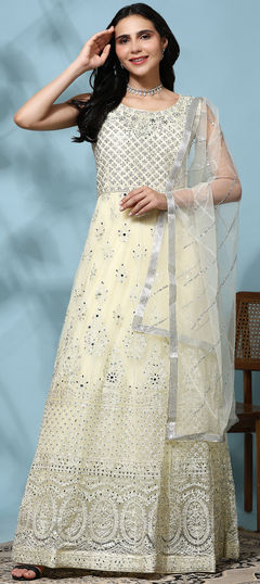 Reception, Wedding Yellow color Gown in Net fabric with A Line Bugle Beads, Embroidered, Thread work : 1951155