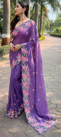 Purple and Violet color Saree in Organza Silk fabric with Embroidered, Resham, Thread work