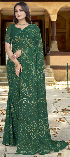 Green color Saree in Georgette fabric with Bandhej, Printed, Sequence, Weaving work