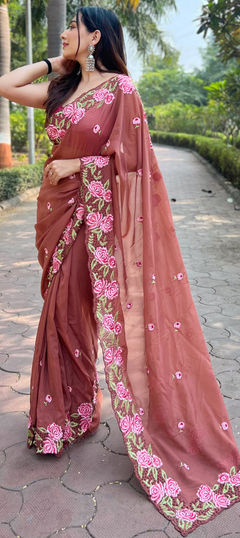 Beige and Brown color Saree in Organza Silk fabric with Embroidered, Resham, Thread work