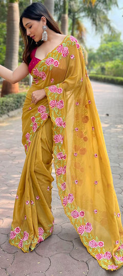 Yellow color Saree in Organza Silk fabric with Embroidered, Resham, Thread work