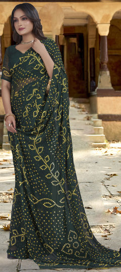 Black and Grey color Saree in Georgette fabric with Bandhej, Sequence, Weaving work