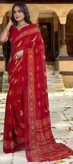 Red and Maroon color Saree in Georgette fabric with Bandhej, Sequence, Weaving work