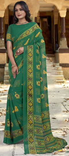 Festive, Party Wear Green color Saree in Georgette fabric with Classic, Rajasthani Bandhej, Sequence, Weaving work : 1951186