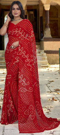 Red and Maroon color Saree in Georgette fabric with Bandhej, Sequence, Weaving work