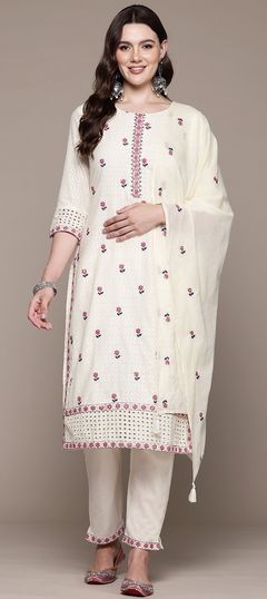 Festive, Reception, Summer White and Off White color Salwar Kameez in Cotton fabric with Straight Embroidered, Resham, Sequence, Thread work : 1951196