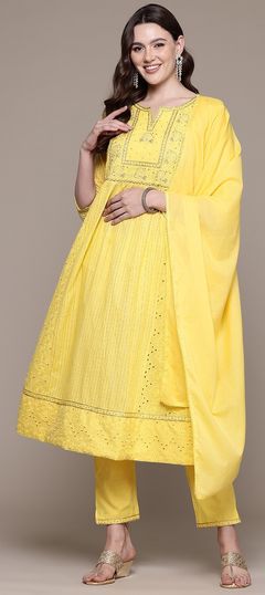 Festive, Reception, Summer Yellow color Salwar Kameez in Cotton fabric with Anarkali Embroidered, Resham, Thread work : 1951202