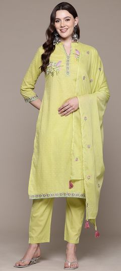 Festive, Reception, Summer Green color Salwar Kameez in Cotton fabric with Straight Embroidered, Resham, Thread work : 1951205