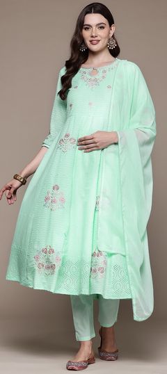 Festive, Reception, Summer Green color Salwar Kameez in Cotton fabric with Anarkali Embroidered, Resham, Thread, Zari work : 1951216