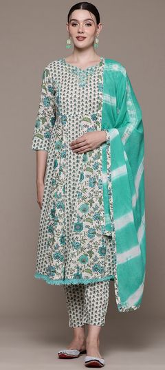 Green color Salwar Kameez in Cotton fabric with Embroidered, Floral, Printed, Resham, Thread, Zari work