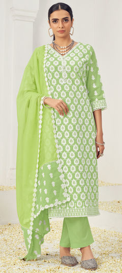 Green color Salwar Kameez in Cotton fabric with Embroidered, Resham, Thread work