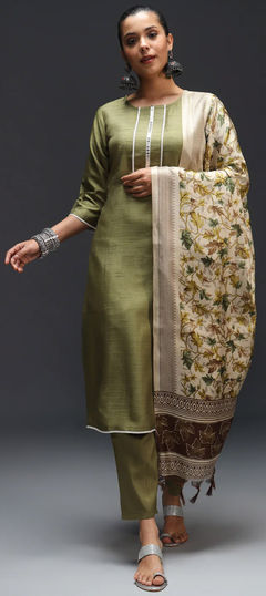 Green color Salwar Kameez in Silk cotton fabric with Thread work