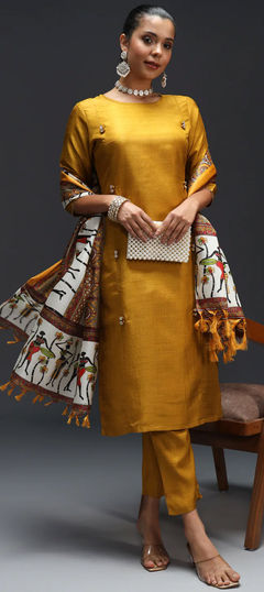 Yellow color Salwar Kameez in Silk cotton fabric with Thread work