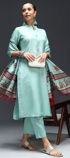 Blue color Salwar Kameez in Silk cotton fabric with Thread work