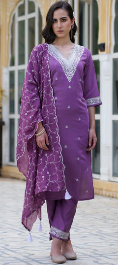 Purple and Violet color Salwar Kameez in Blended fabric with Embroidered, Resham, Sequence, Thread work