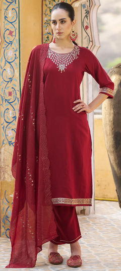 Red and Maroon color Salwar Kameez in Blended fabric with Embroidered, Resham, Sequence, Thread work